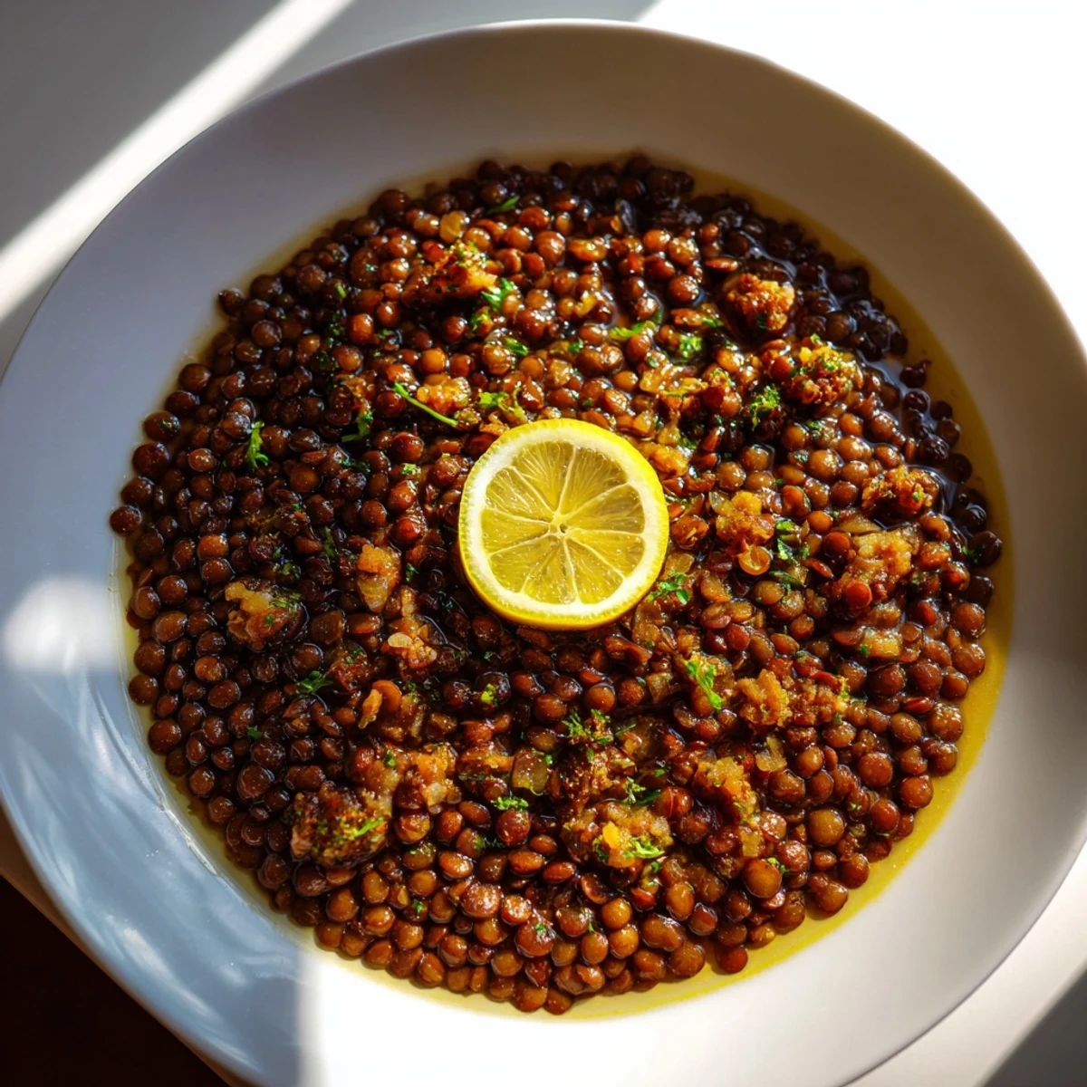 Steaming bowl of Middle Eastern lentil and chickpea stew, a flavorful vegan main course.