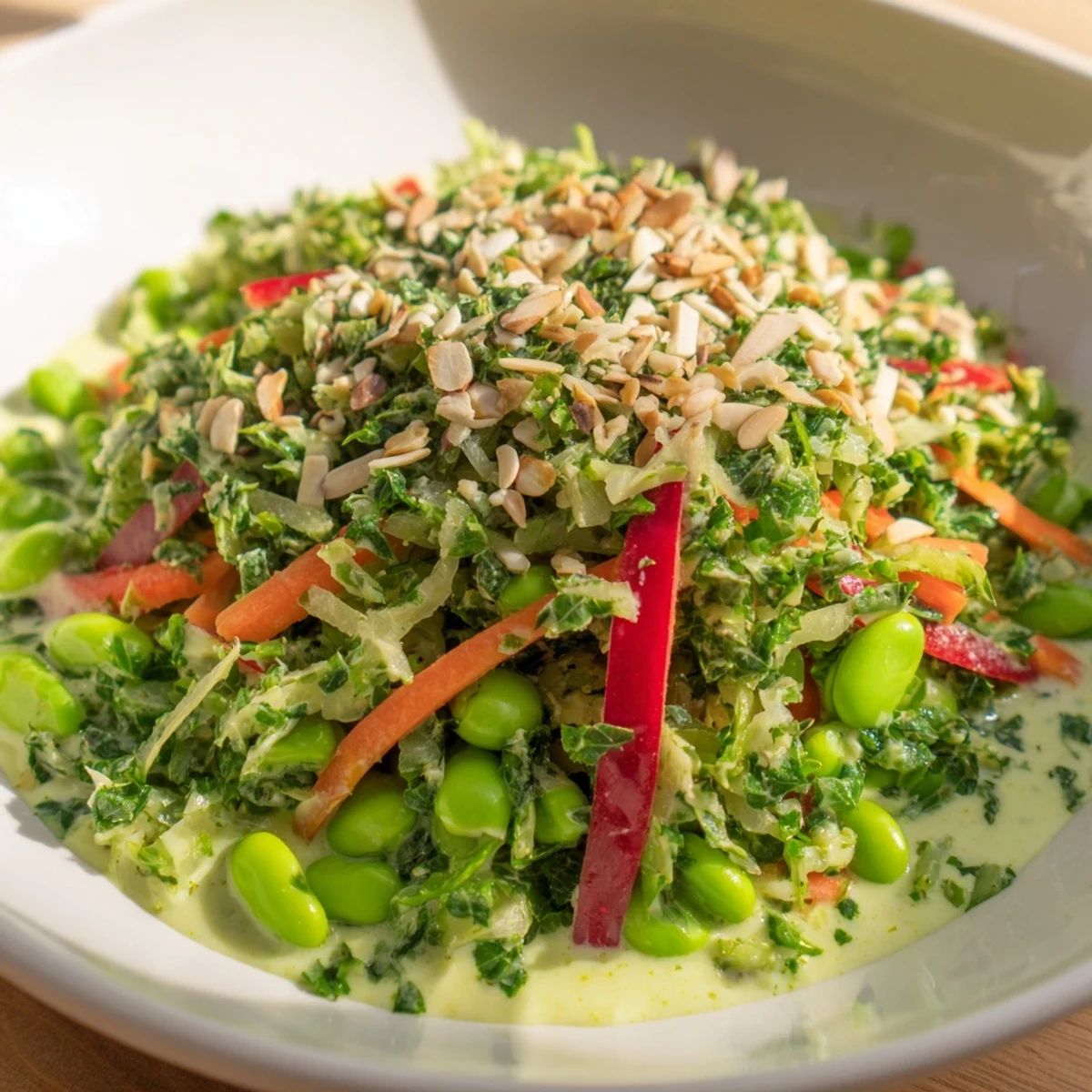 Fresh Crunchy Cabbage and Edamame Salad with vibrant colors and creamy, green dressing.