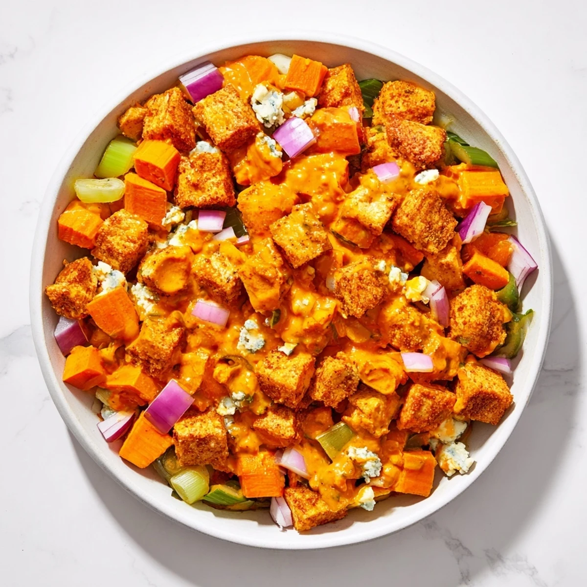 Spicy buffalo chicken bean salad, featuring colorful veggies and tangy blue cheese crumbles.
