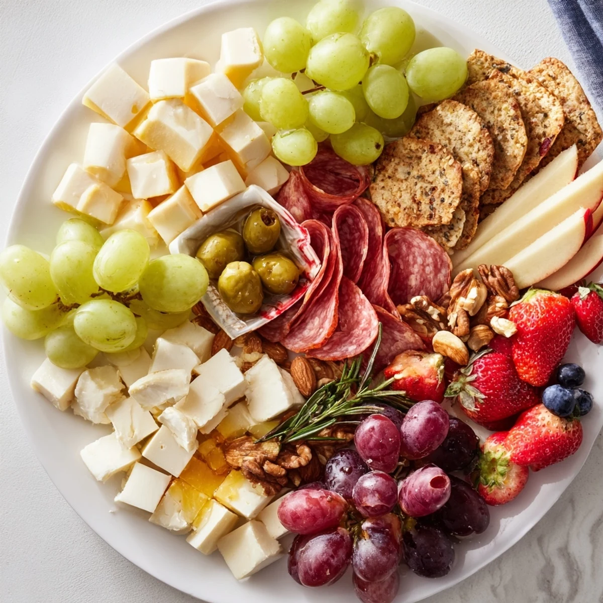 This simple, delicious quick charcuterie snack board presents savory cheese, meats, and fresh treats.