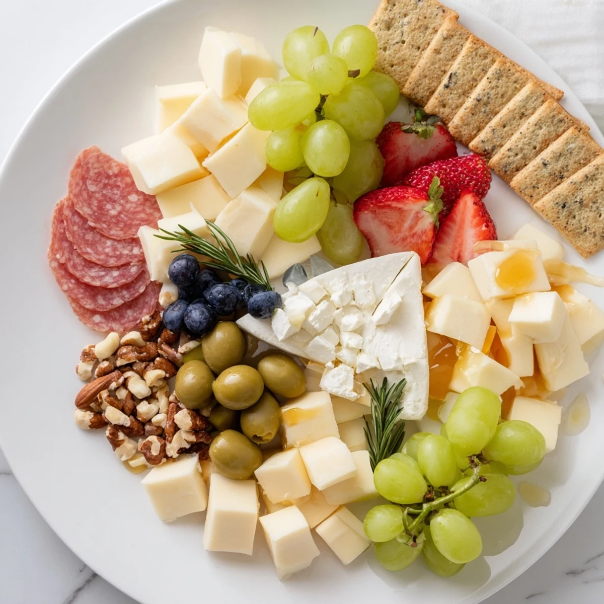 Quick charcuterie snack board with colorful cheeses, meats, and fruit artfully arranged on wood.