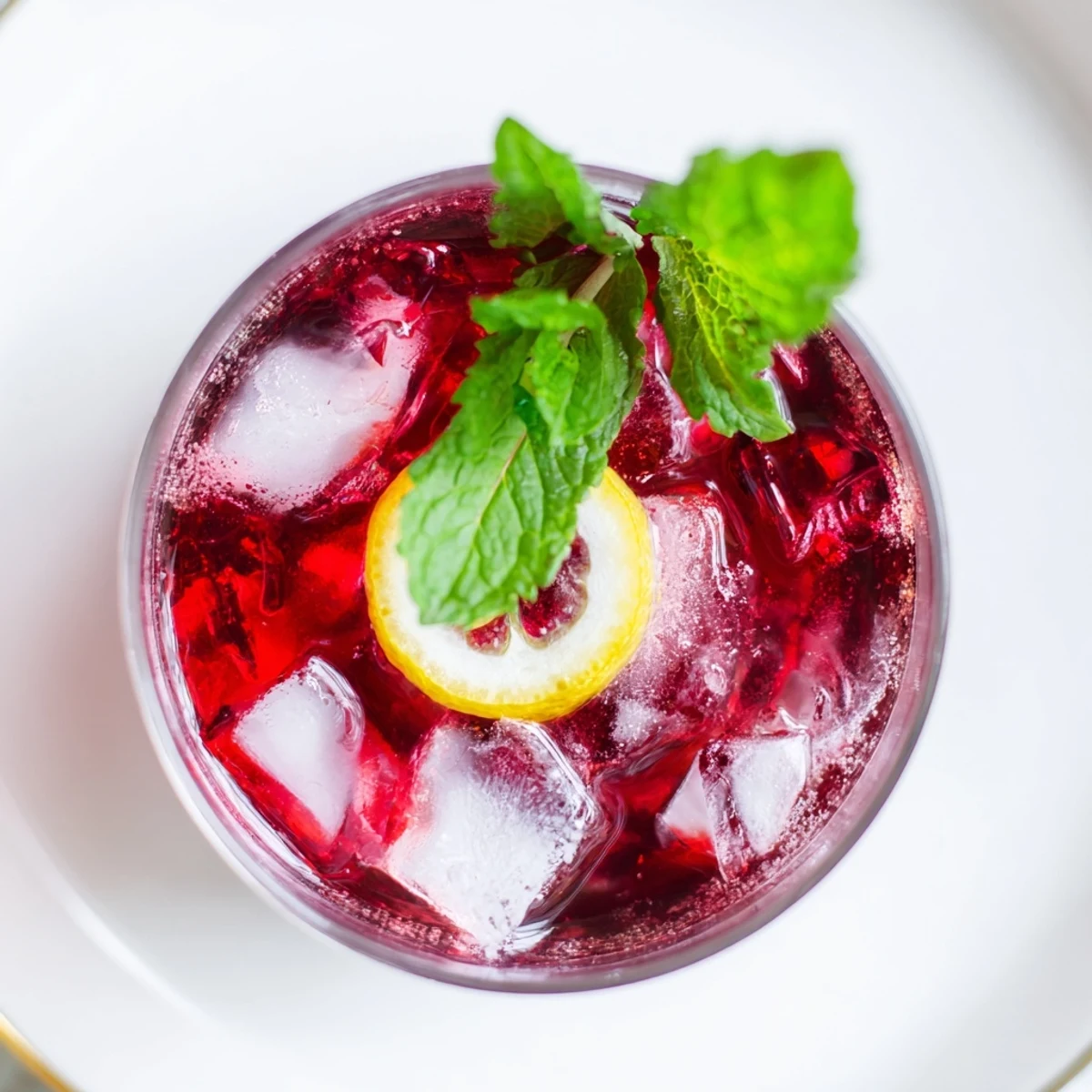 A vibrant photo of a Sleepy Girl Cherry Mocktail, garnished with mint and lemon for a calming drink.