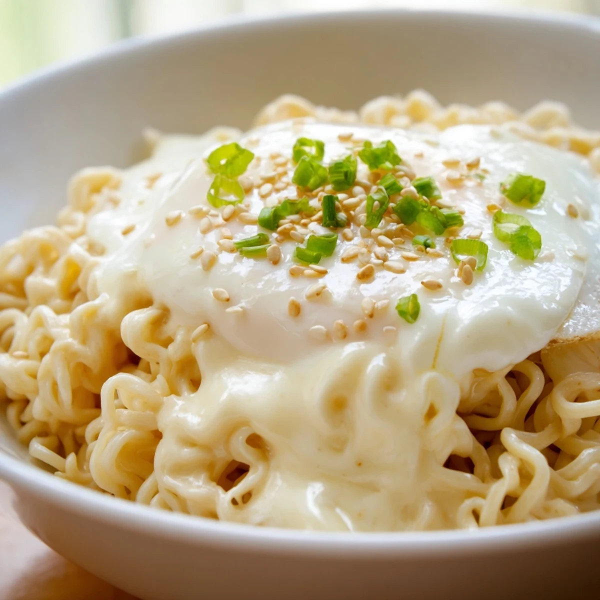 Steaming bowl of Instant Cheese Ramen, topped with a soft egg and fresh green onions for flavor.