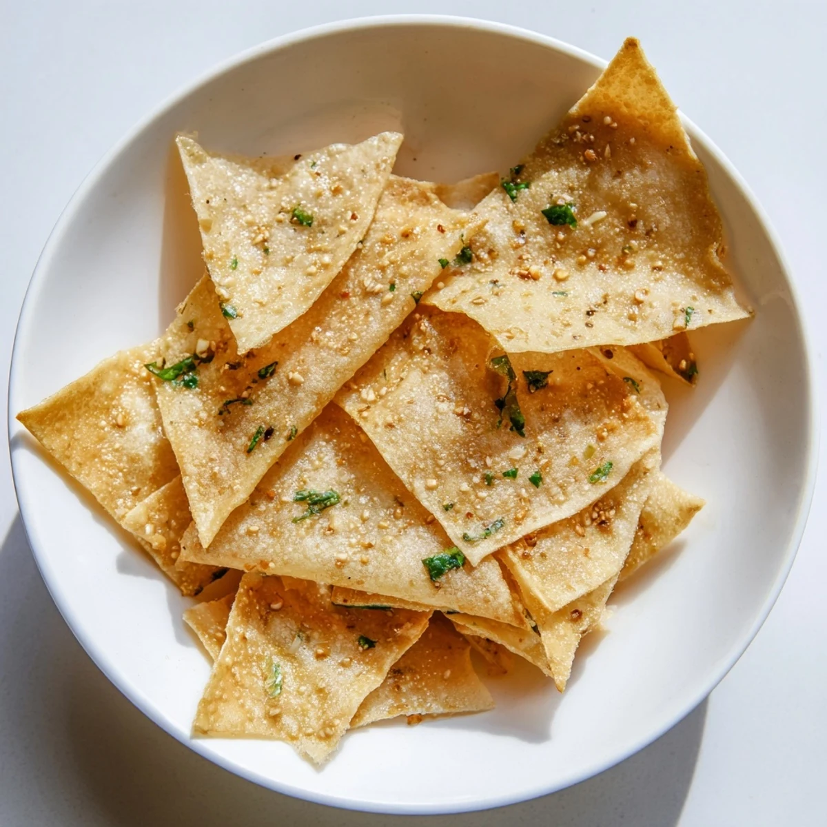 Golden, crispy garlic lumpia chips ready to serve as a flavorful snack or appetizer with dips.
