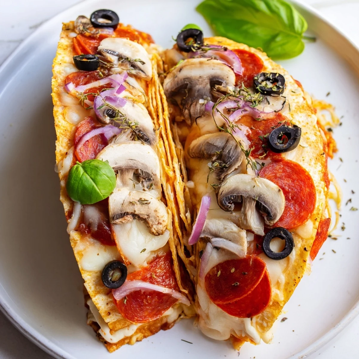 Golden, crispy Cheesy Tortilla Pizza Wrap with melted cheese and delicious pizza toppings for a quick snack.