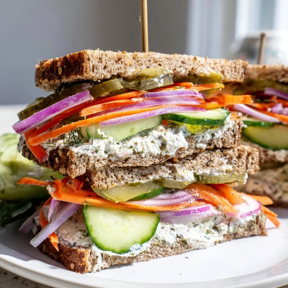 Crunchy dill pickle sandwich, bursting with layers of pickles and fresh veggies, ready to enjoy.