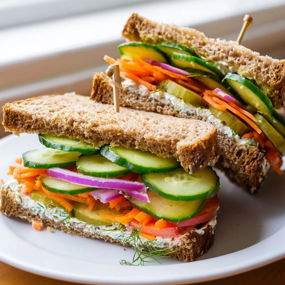 Vibrant image: the satisfying crunch of a fully loaded dill pickle sandwich, ready for a bite.