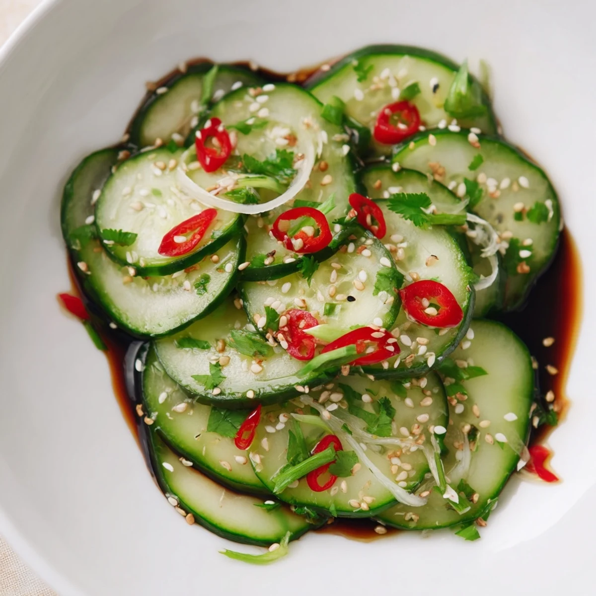 Tangy Shaken Asian-Style Cucumber Salad with glistening cucumbers tossed in a bright, vibrant dressing.