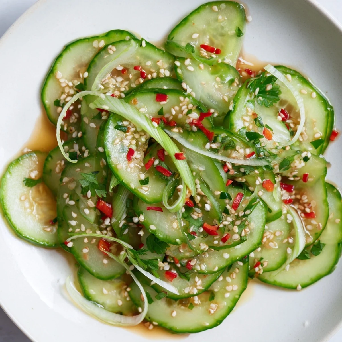 A bowl of fresh Tangy Shaken Asian-Style Cucumber Salad, showcasing the crisp cucumber slices and seasonings.