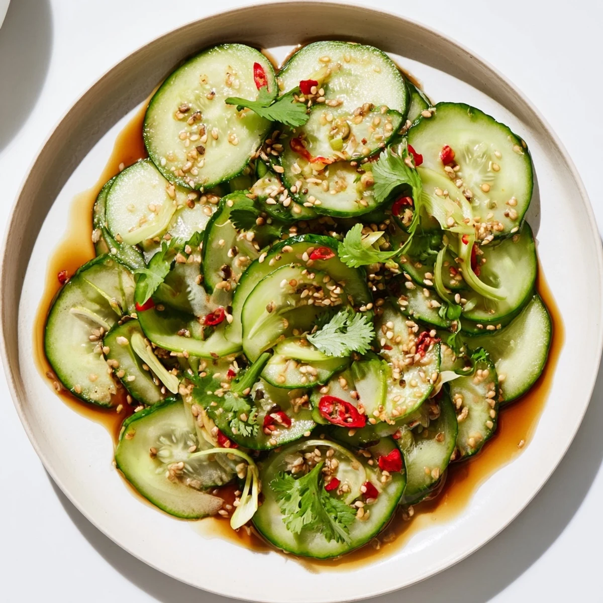 This refreshing Tangy Shaken Asian-Style Cucumber Salad highlights a delicious, quick vegan side dish, beautifully plated.