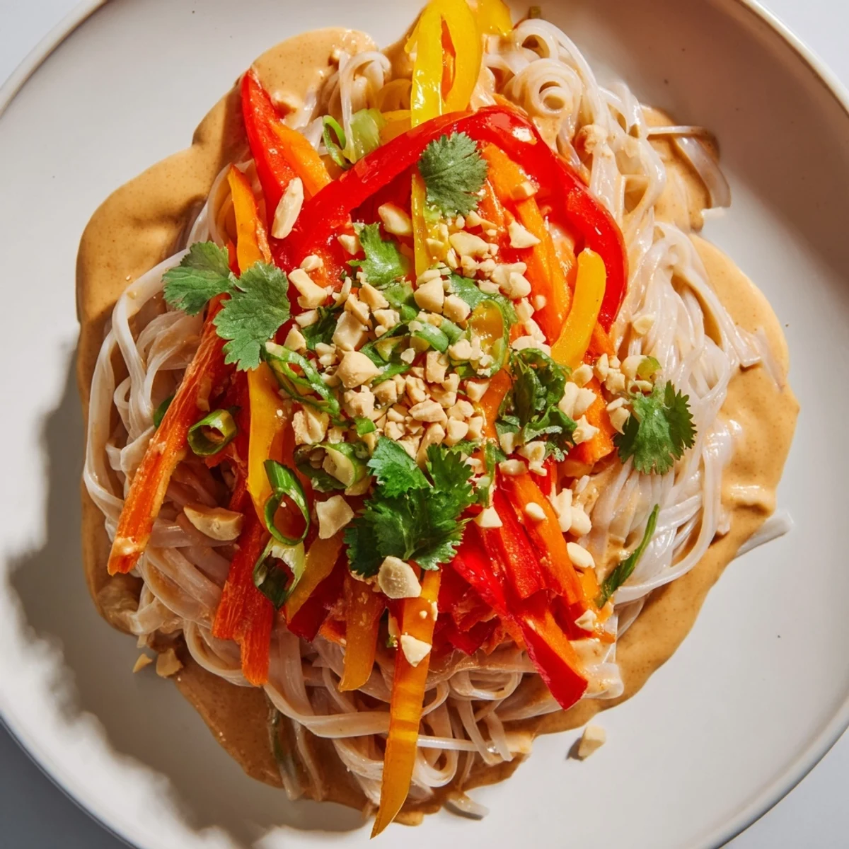 Steaming bowl of Spicy Peanut Noodles with vibrant vegetables and a rich, creamy sauce, ready to serve.