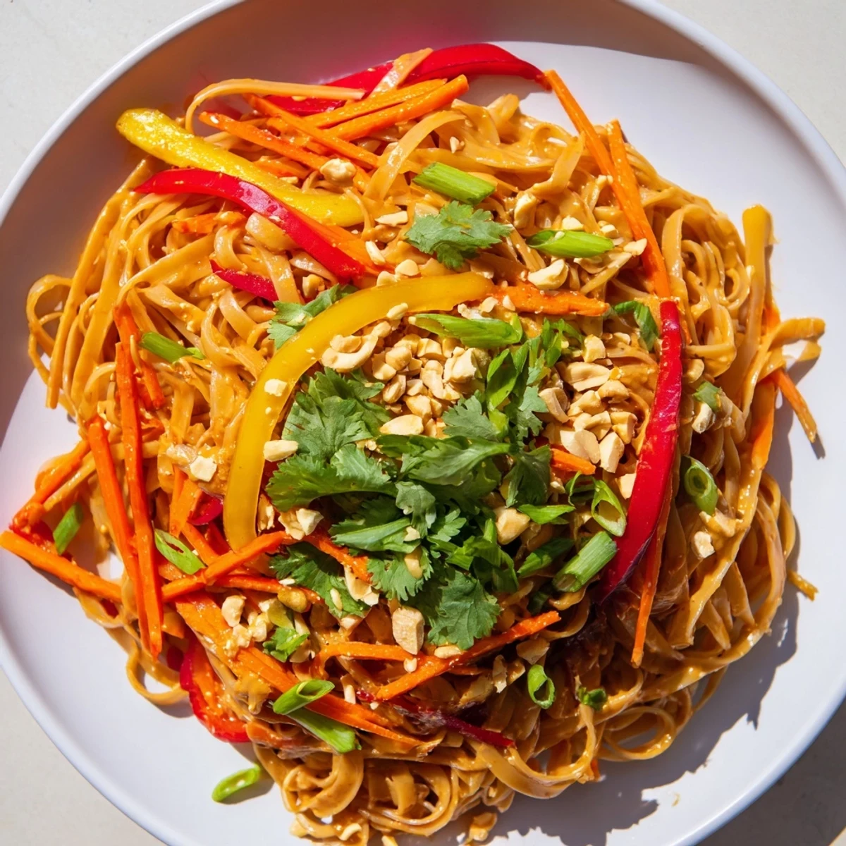 Freshly tossed Spicy Peanut Noodles, a quick meal featuring a delightful mix of savory peanut sauce and colorful bell peppers.