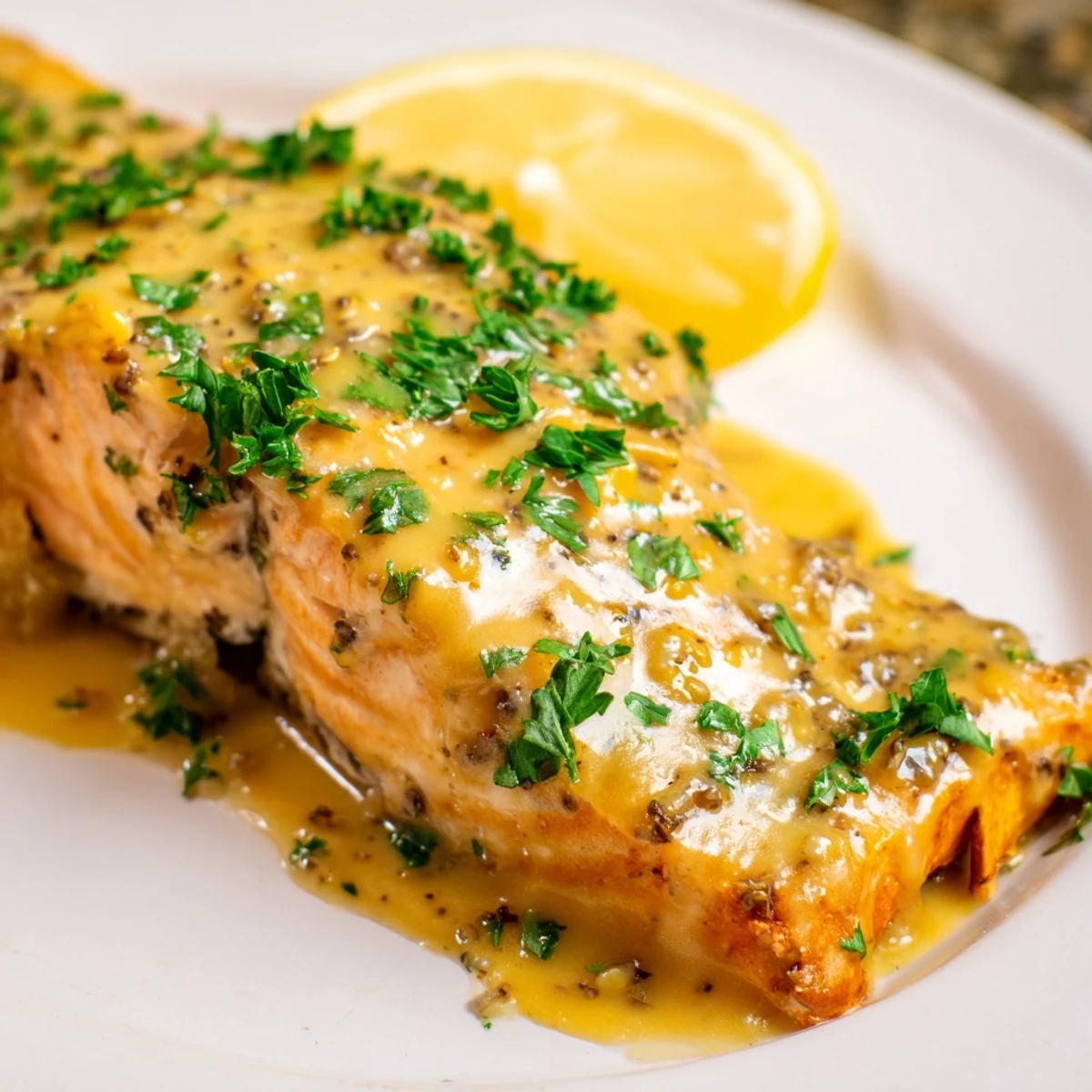 Golden honey mustard salmon, glistening with a delightful glaze, ready to serve with lemon wedges.
