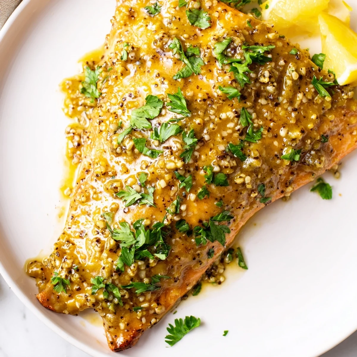 Baked honey mustard salmon, a perfect weeknight dinner, boasting a vibrant honey-mustard coating, delicious!