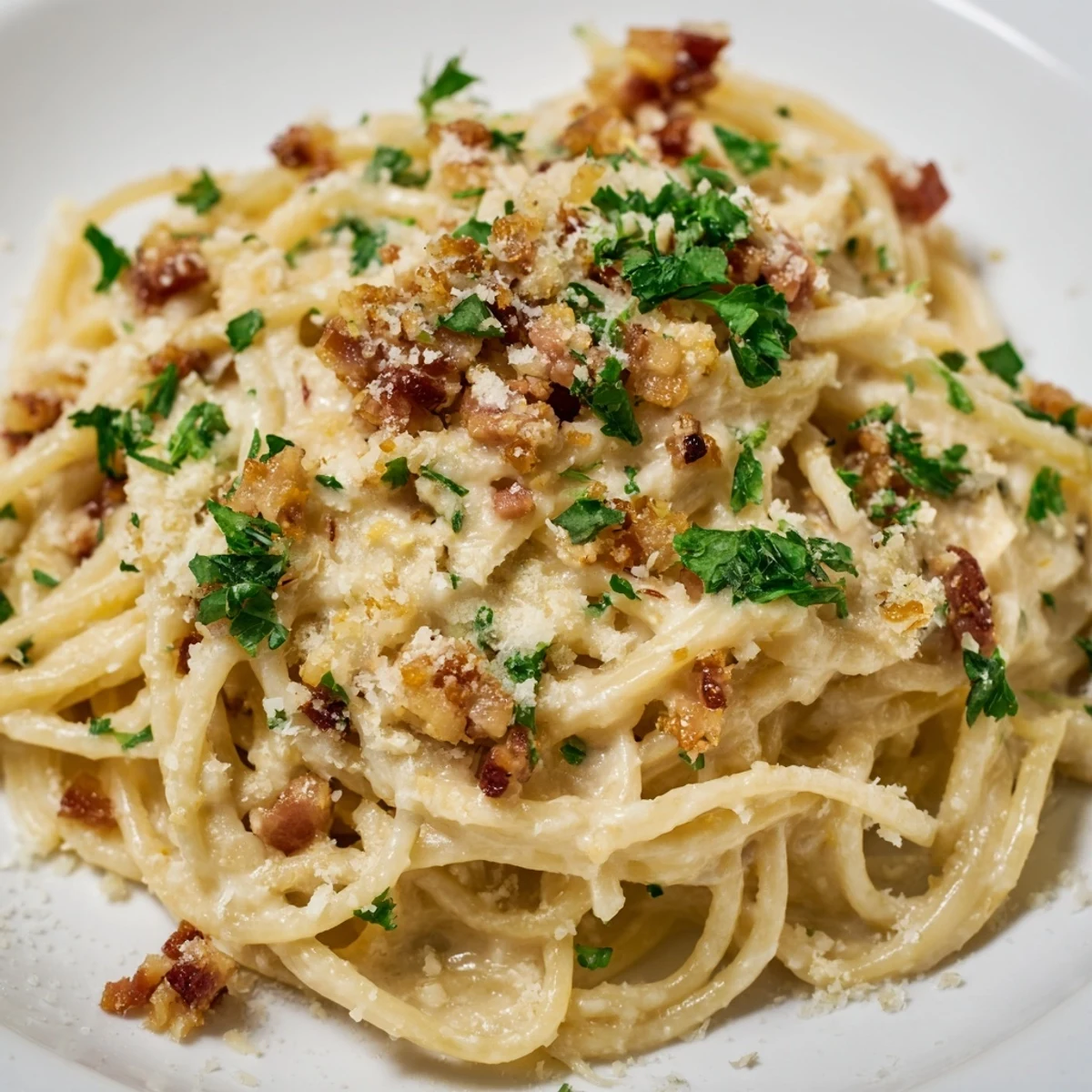 Golden-brown crispy bacon and garlic in creamy garlic bacon pasta, ready to eat.