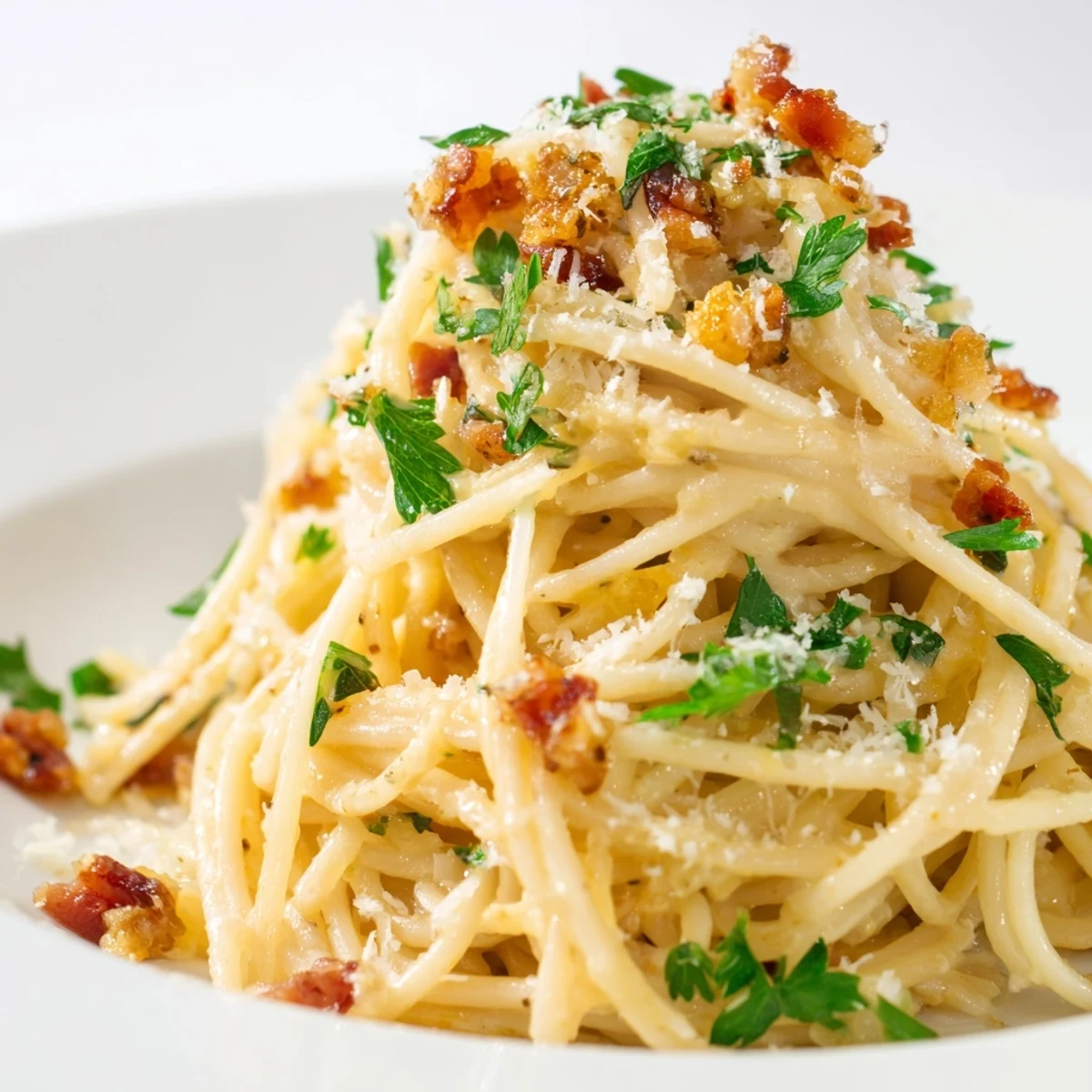 Delicious creamy garlic bacon pasta, served hot, with fresh parsley garnish, ready to eat now.