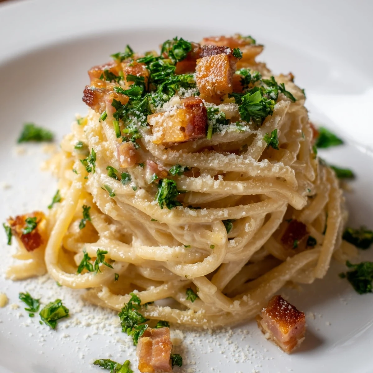 Close-up of creamy garlic bacon pasta, a comforting Italian-inspired main dish with Parmesan.
