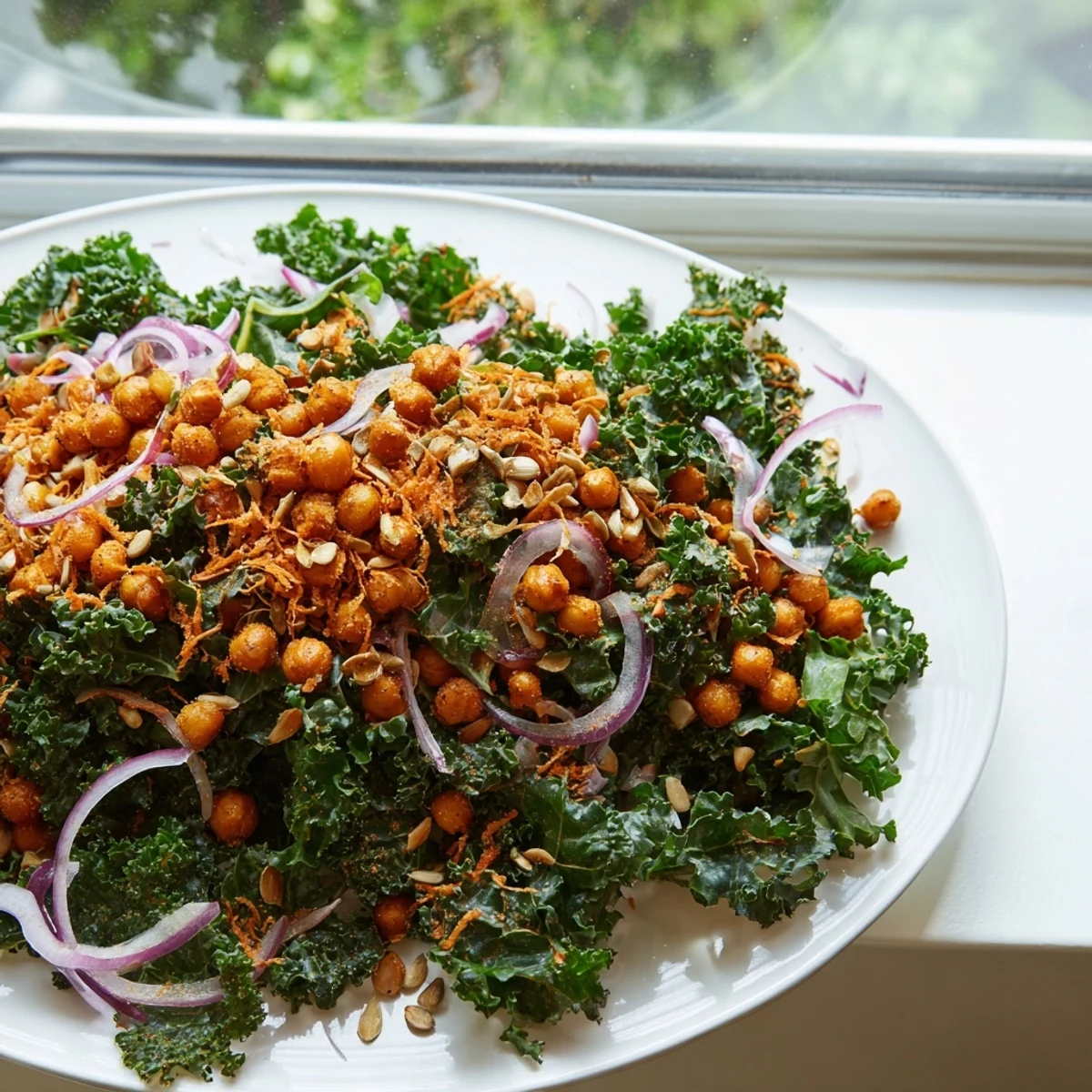 Kale Salad bursting with vibrant colors and crispy roasted chickpeas ready to serve.