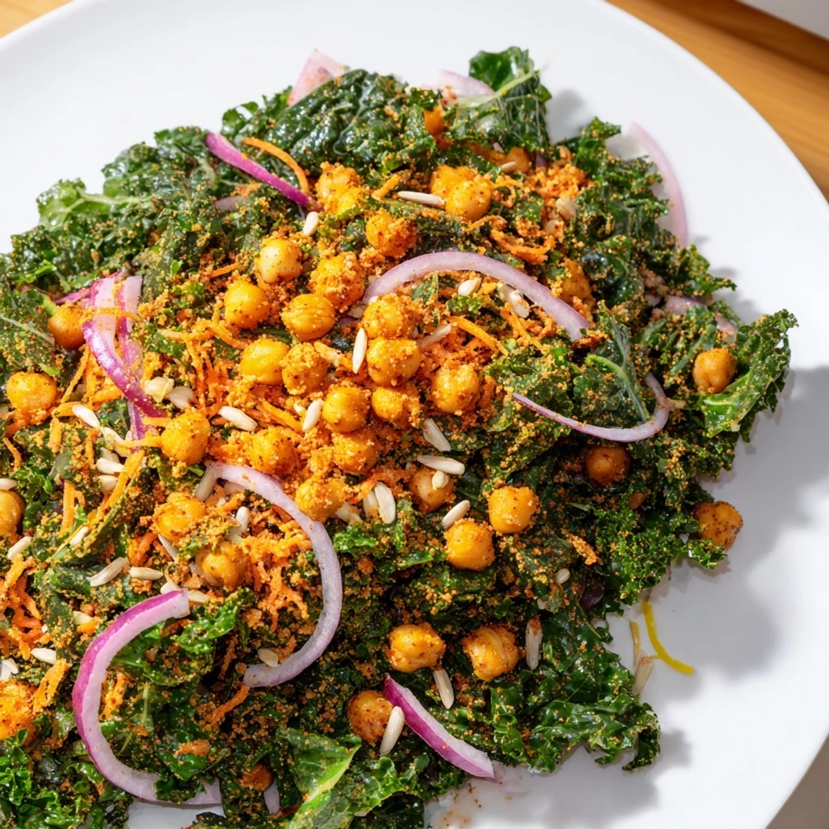 Tender kale salad with warm spiced roasted chickpeas, a healthy and satisfying meal.