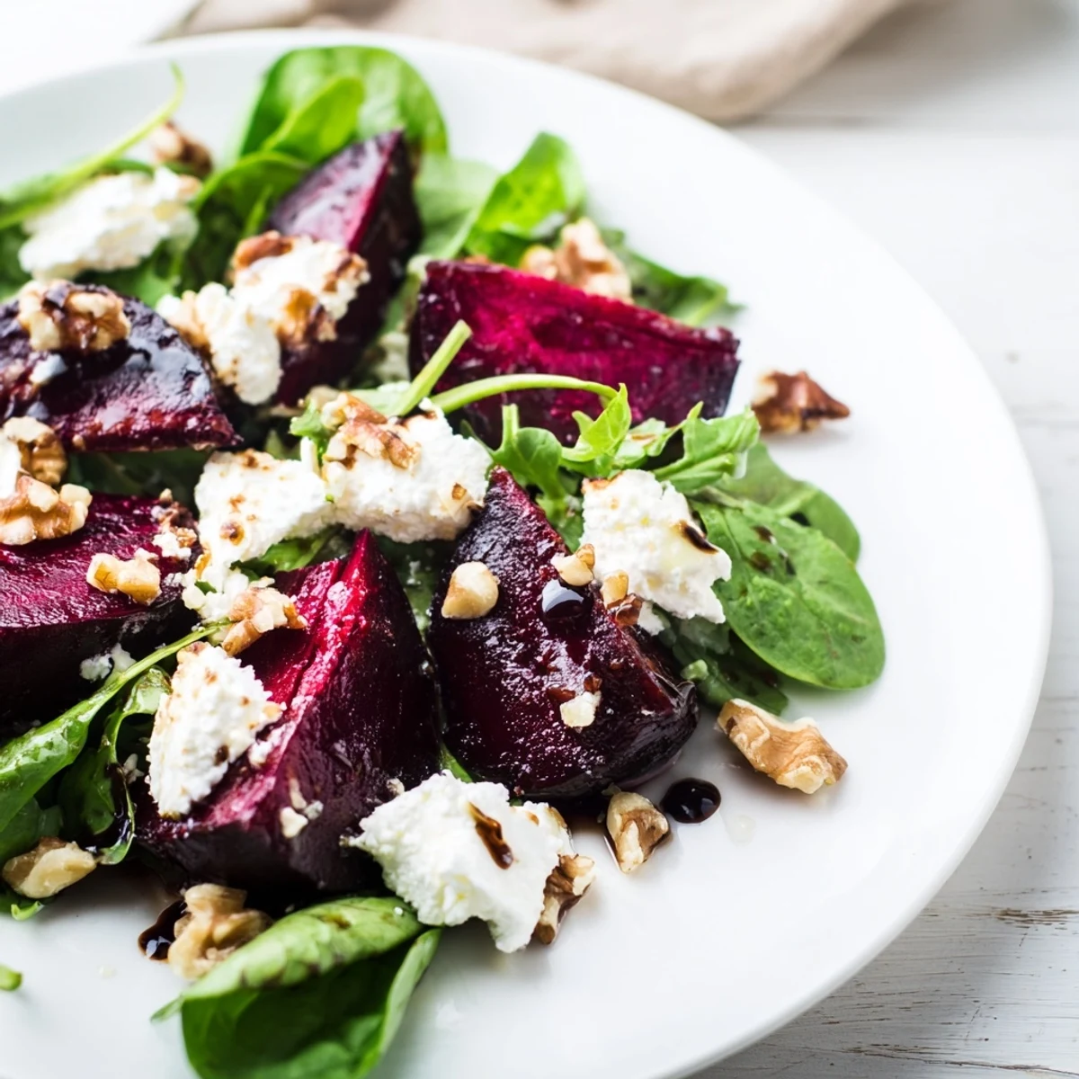 Vibrant Beet and Goat Cheese Salad with roasted beets, creamy cheese, and crunchy walnuts, ready to enjoy.