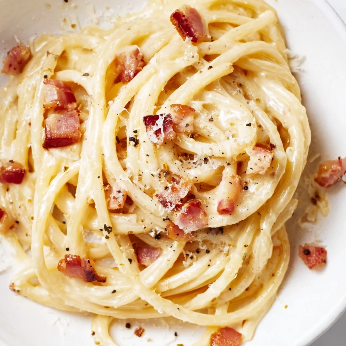 Steaming Express Spaghetti Carbonara presented in a bowl, creamy sauce clinging to the spaghetti noodles.