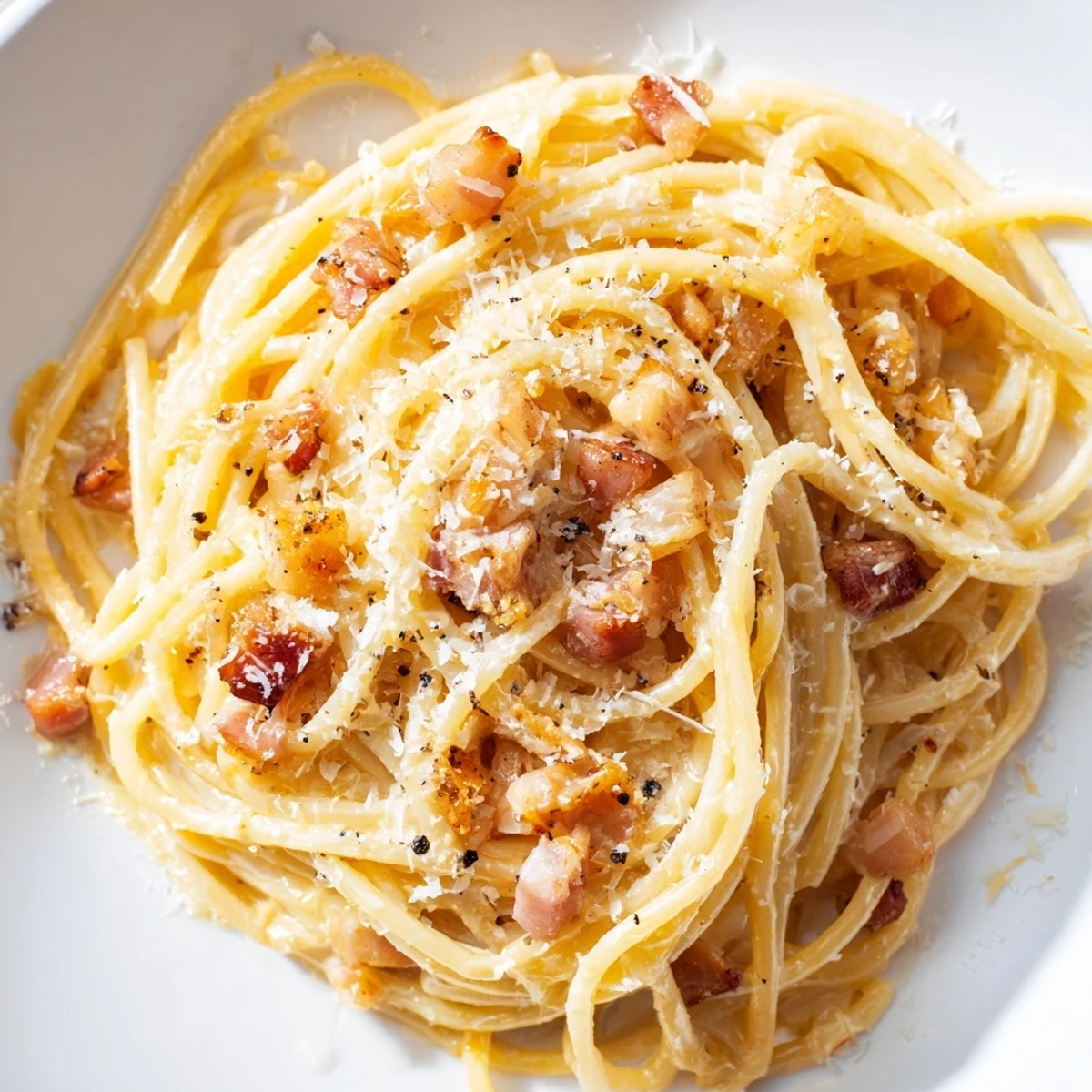 Close-up of golden, crispy bacon bits topping a bowl of rich Express Spaghetti Carbonara.