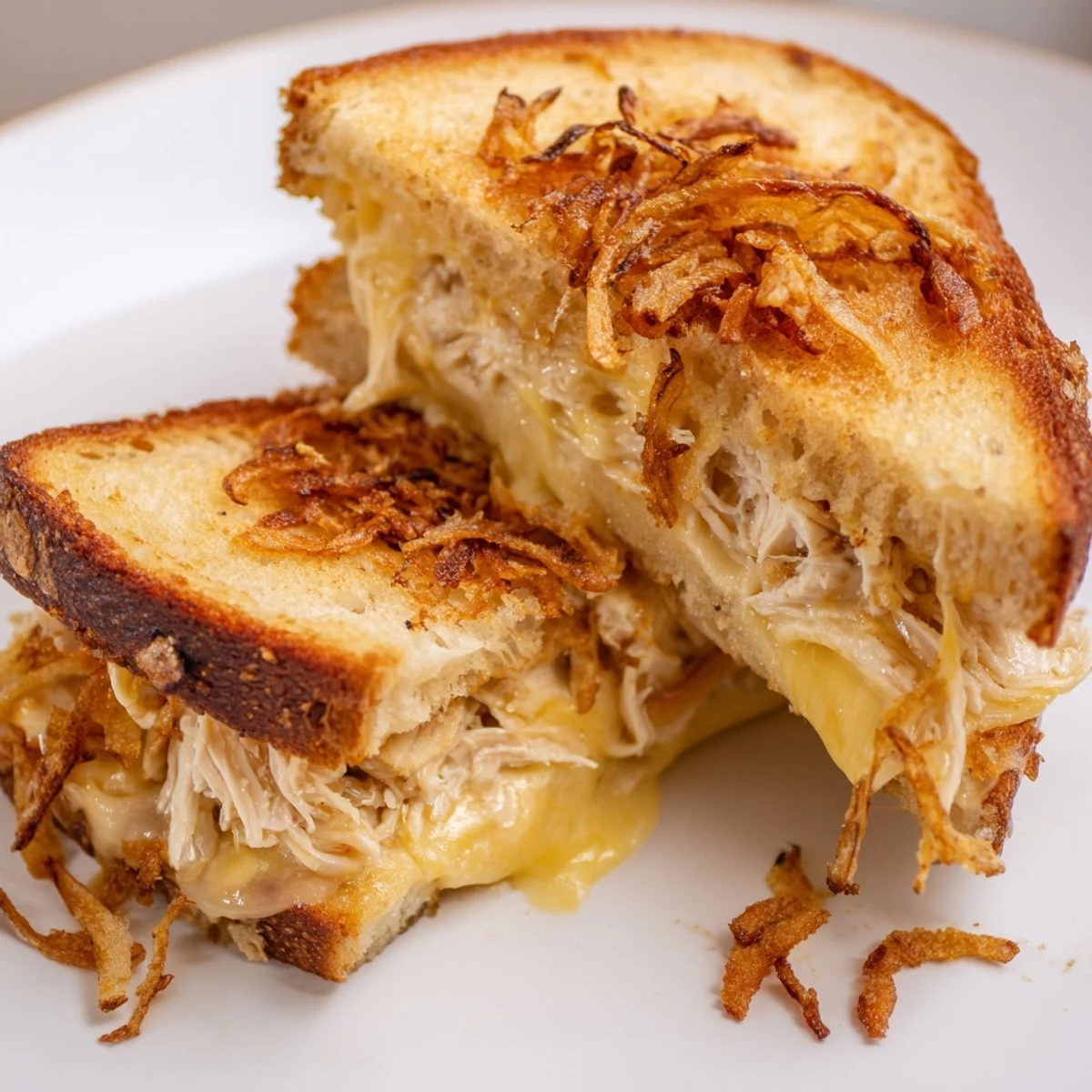 Savory Crispy Shallot Chicken Grilled Cheese sandwich halves, revealing the juicy chicken and crispy toppings inside.