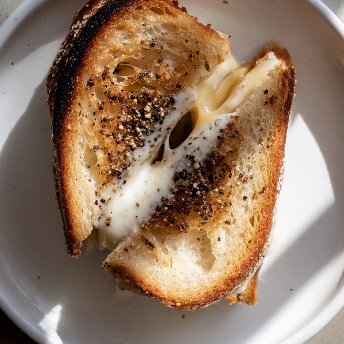 Golden, gooey Truffle Oil Grilled Cheese with melted sharp cheddar, served on toasted sourdough.