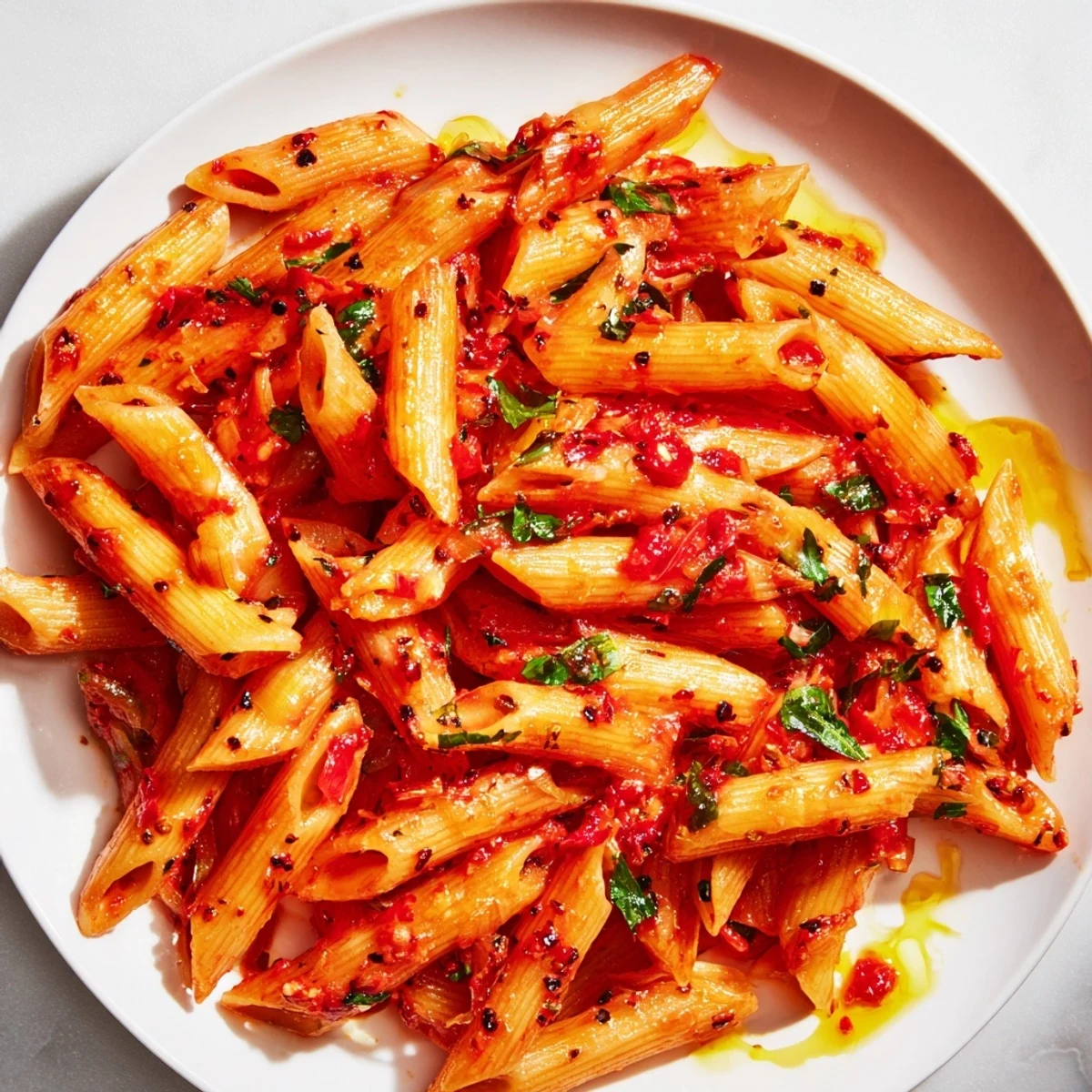 A close-up of penne all'arrabbiata, showcasing the glossy sauce and fresh parsley garnish.