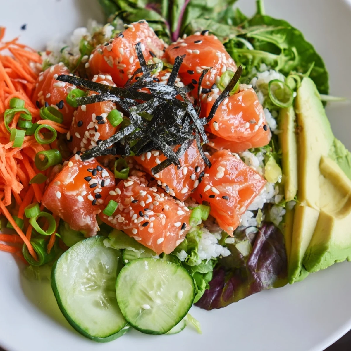Fresh, colorful Poke Bowl Salad with glistening tuna and vibrant greens, a delicious, light meal.