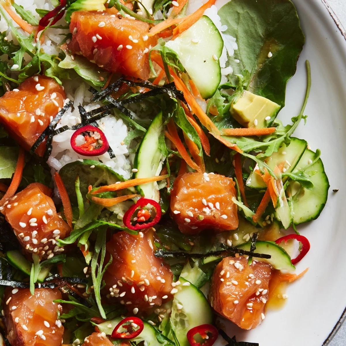 Enjoy a refreshing Poke Bowl Salad, a vibrant dish of fish, rice, and savory soy-ginger dressing.