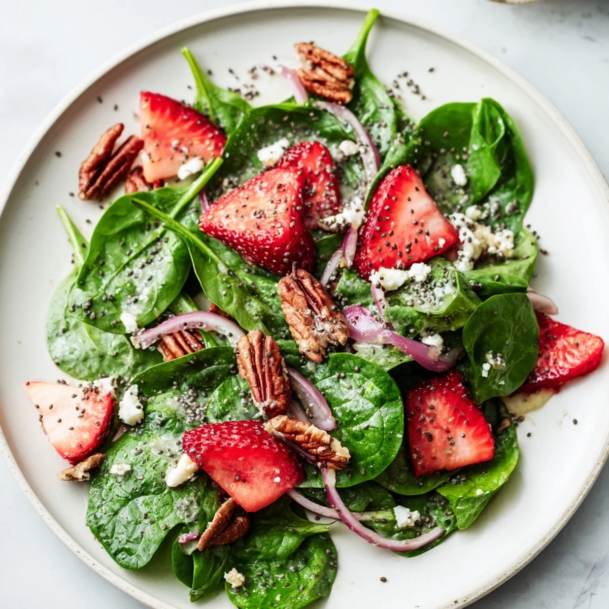Tempting view of a colorful spinach strawberry salad, perfect for summer gatherings and light lunches.