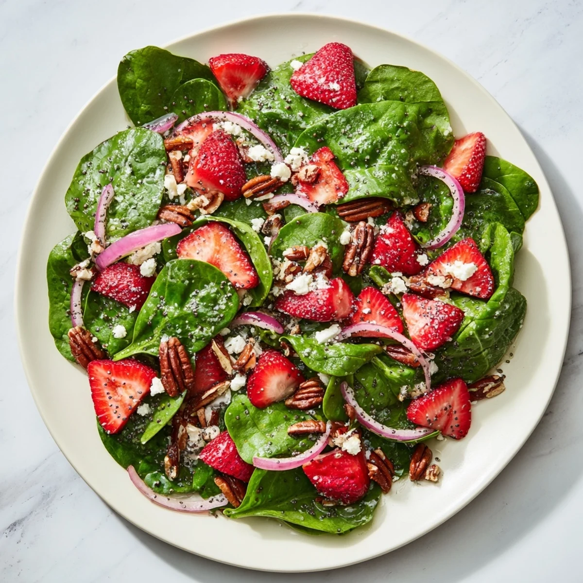 Fresh spinach strawberry salad with vibrant red berries, a light poppy seed dressing, ready to enjoy.