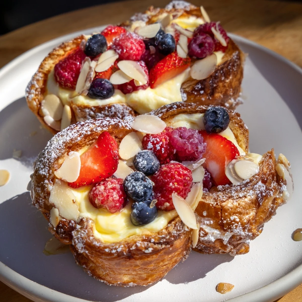 This photo shows beautifully baked Custard Toast, the bread golden brown, ready for a delicious brunch.