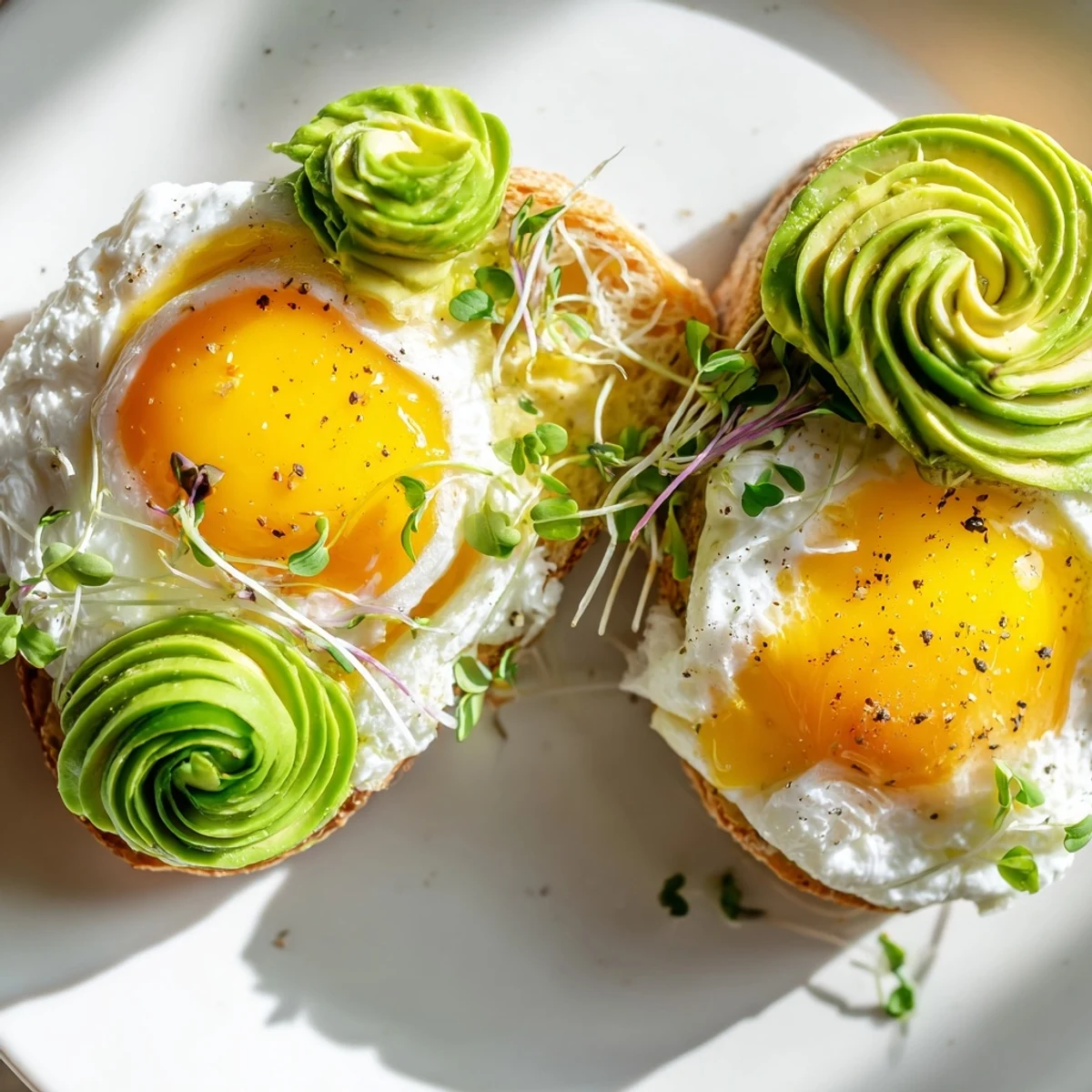 Fluffy Cloud Toast 2.0 with golden egg whites, avocado roses, and drizzled honey, ready to eat.