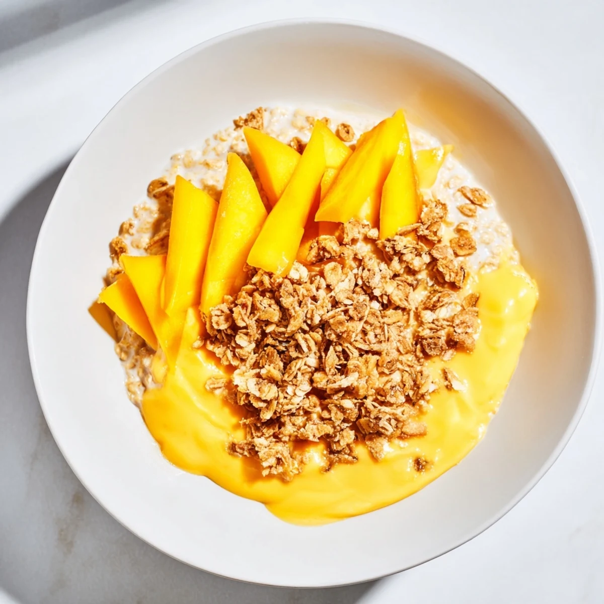 Close-up of smooth, blended Mango Overnight Oats, ready to be enjoyed as a bright, healthy breakfast.
