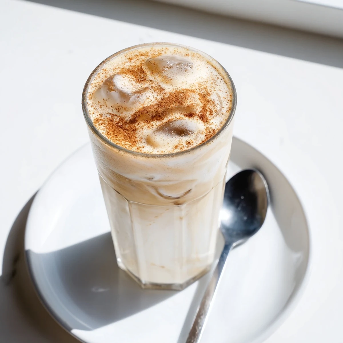 A tall glass showcasing creamy iced Proffee Power Blend, ready to energize your busy morning.