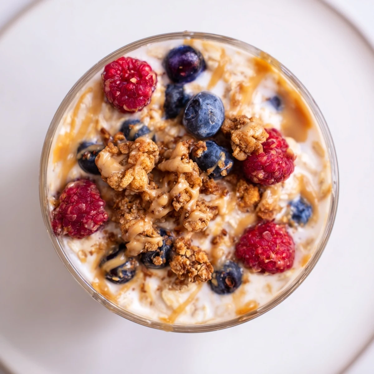 Creamy Overnight Oats Gourmet Makeover topped with berries, nut butter swirl, and cookie crumbles.