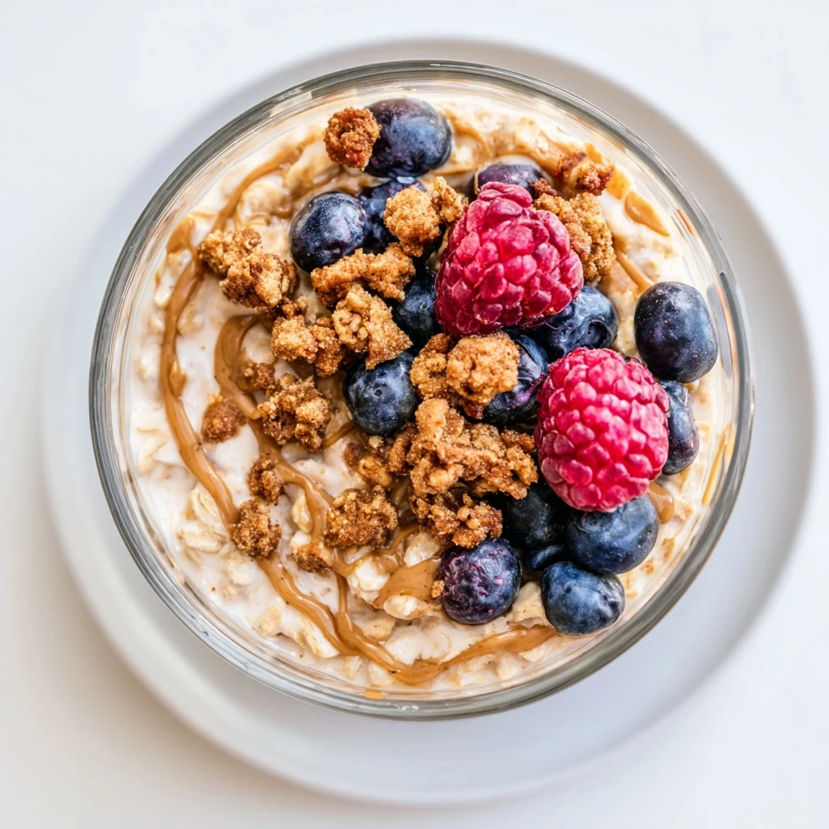 Gourmet Overnight Oats, rich with espresso, look delicious with fresh berries and crunchy granola.