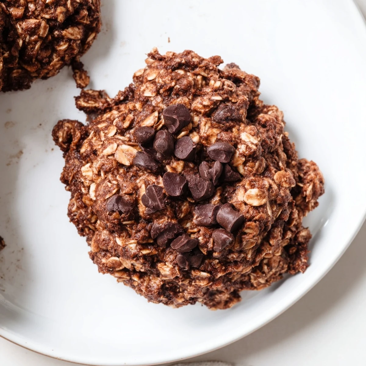 Close-up of a chewy chocolate oatmeal breakfast cookie studded with dark chocolate chips, served as a snack.