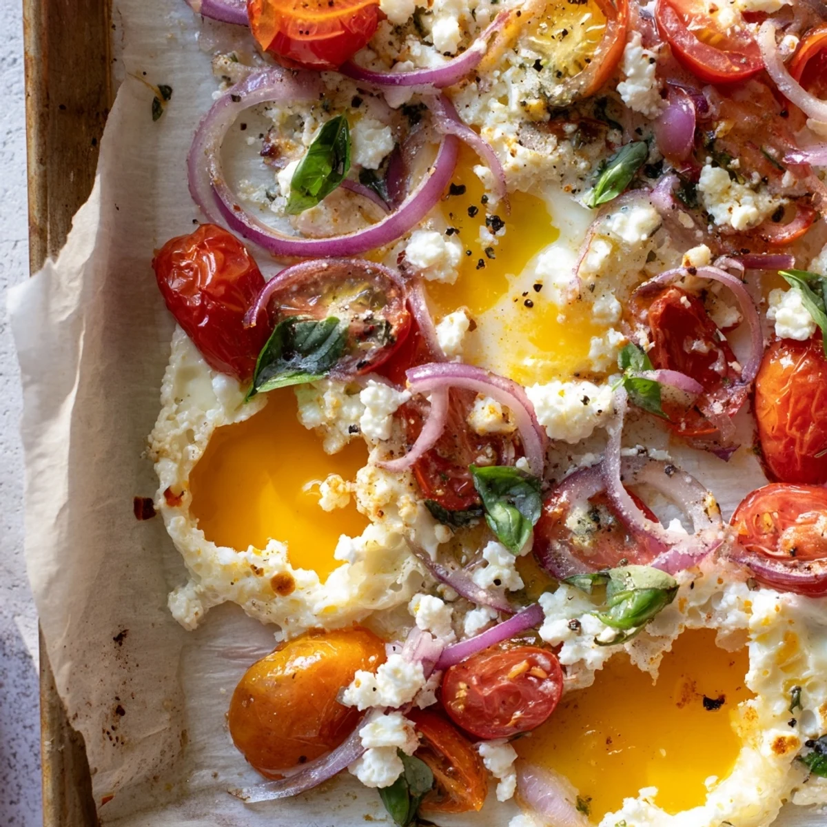 Vibrant Tomato Feta Baked Eggs, roasted to perfection, topped with fresh basil and creamy feta cheese.