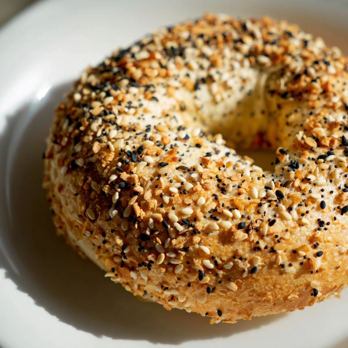 Golden-brown everything bagel yogurt bagels, oven-fresh and topped with savory seasoning for breakfast.