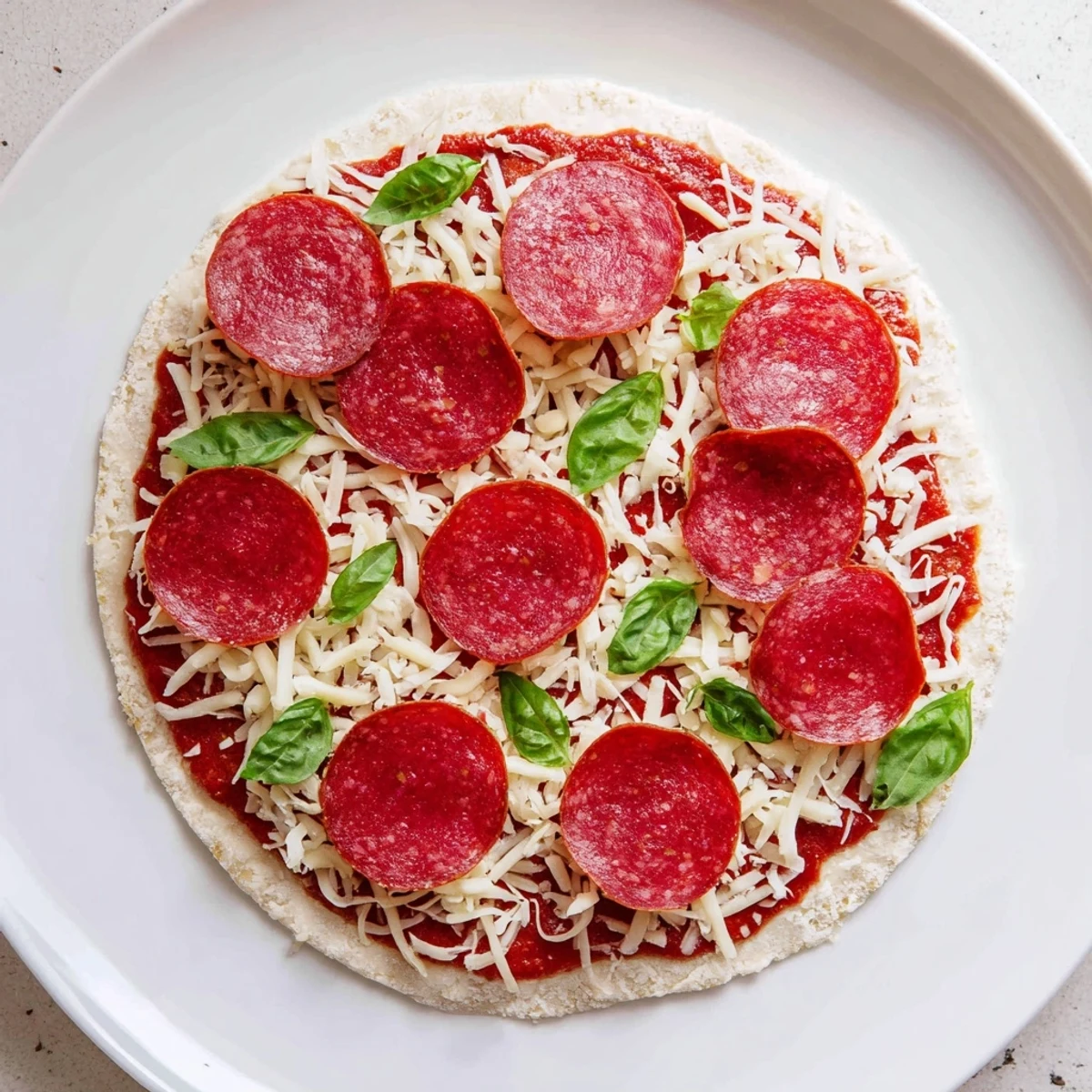 A delicious, low-carb ground beef pizza base topped with melted mozzarella and fresh basil.