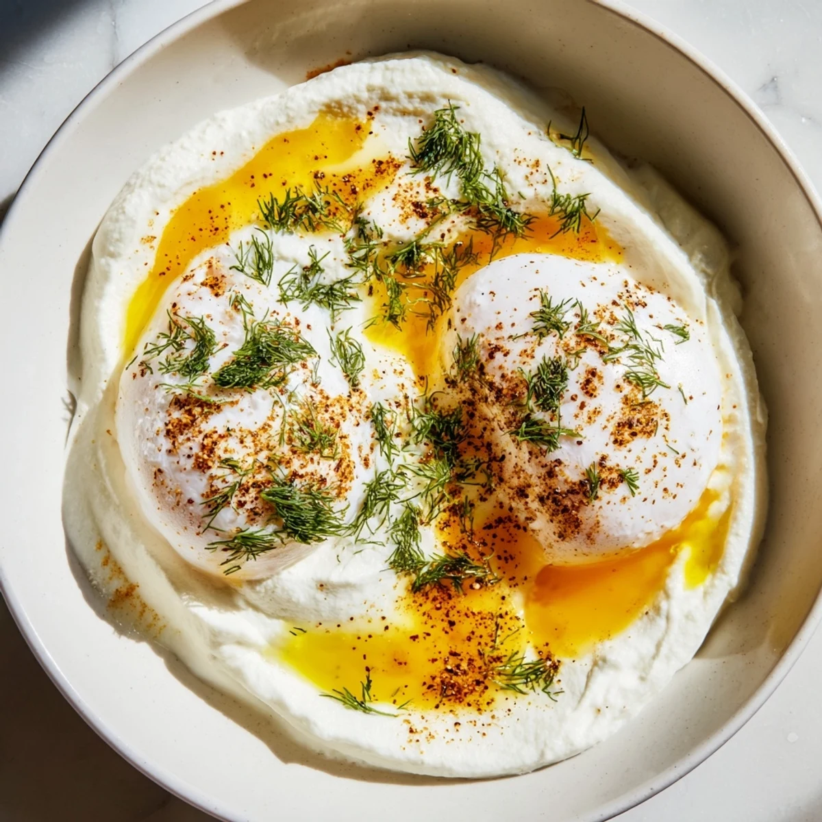Creamy yogurt base topped with perfectly poached Cilbir eggs, drizzled with spiced, flavorful brown butter.