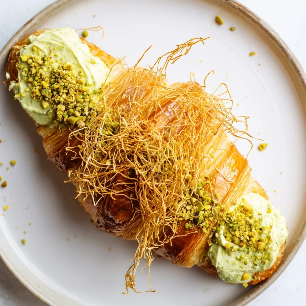 Warm, freshly baked pistachio cream croissants, boasting a crunchy phyllo topping and creamy filling for a treat.