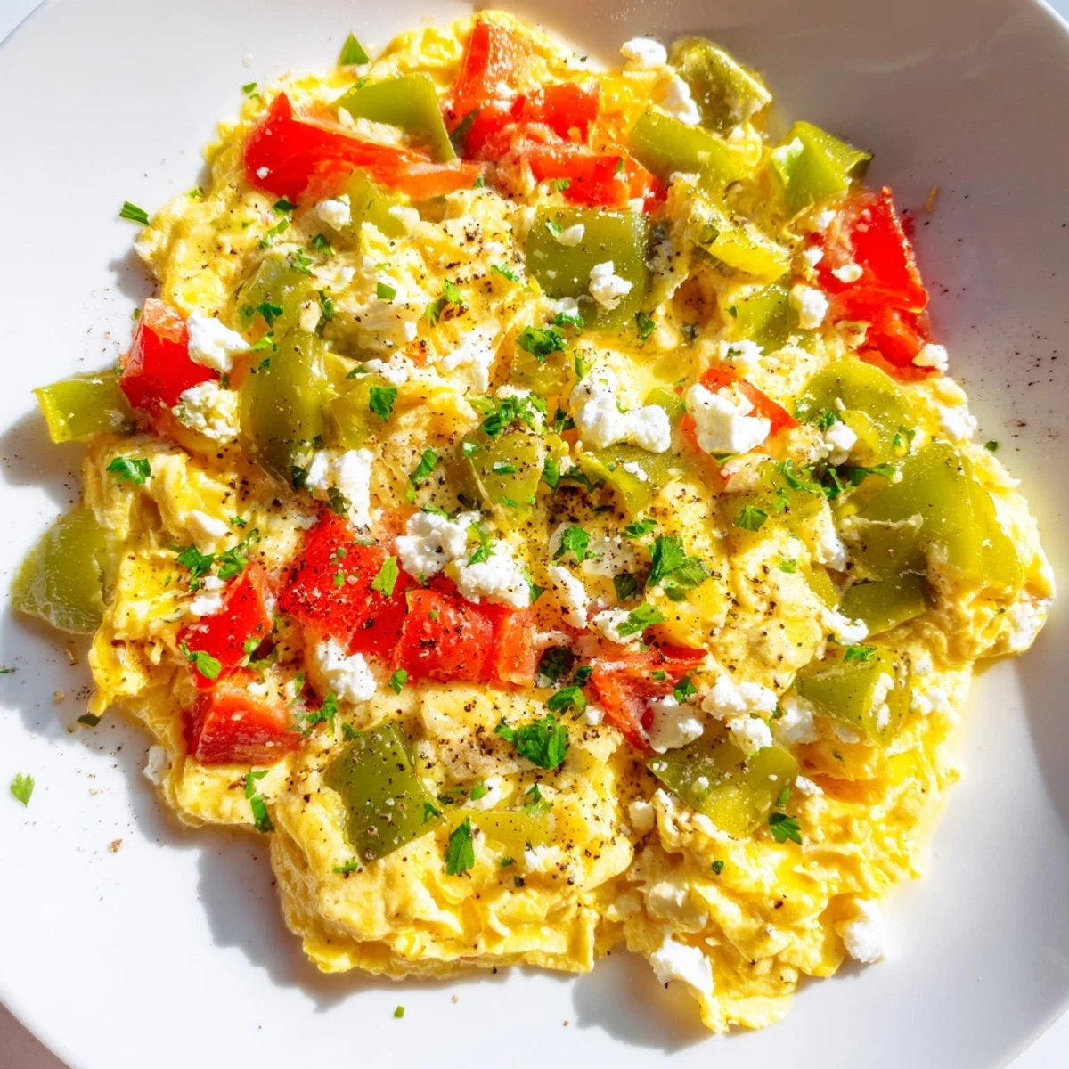 Vibrant photo of Turkish Menemen, a savory egg scramble with tomatoes and peppers, ready to eat.