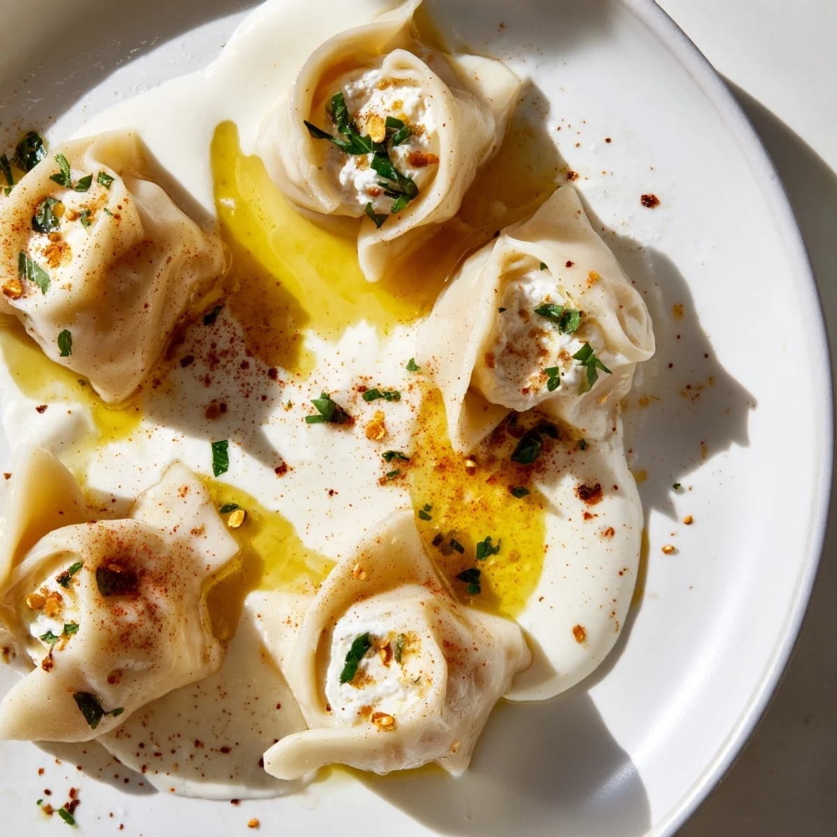 Steaming Turkish cheesy manti dumplings topped with garlicky yogurt and vibrant spiced butter.