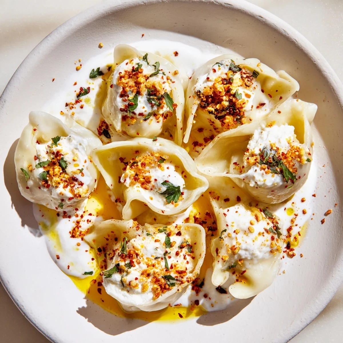 A close-up view of freshly made Turkish cheesy manti simmering, with rich, tempting flavors.