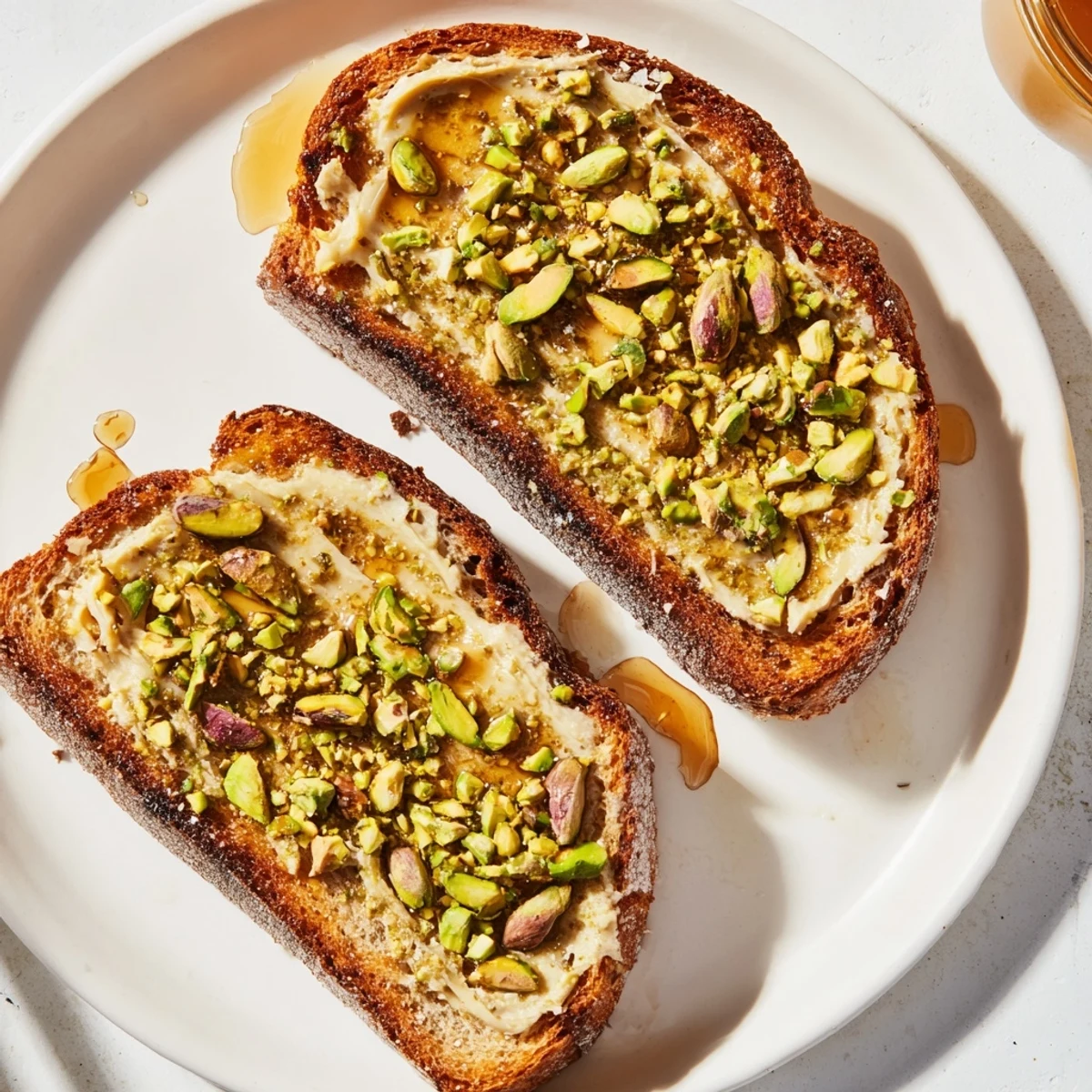 Golden, toasted bread generously spread with creamy pistachio butter, ready for each delicious bite.