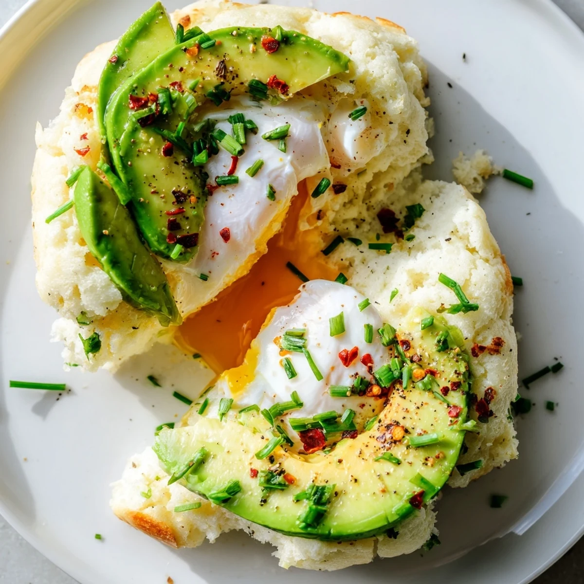 Four golden Cloud Bread Breakfast Clouds sit on a baking sheet, each filled with a baked egg yolk and topped with creamy avocado slices and a poached egg.
